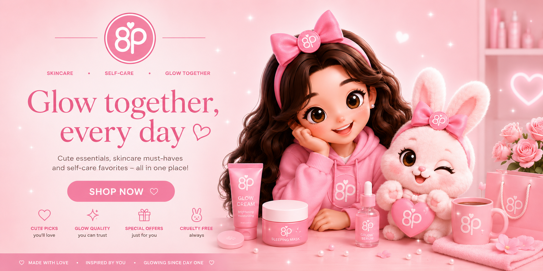 Hero banner του BeautyPrincess με την Aria και τη Lumi σε ένα cozy ροζ δωμάτιο K-beauty γεμάτο skincare προϊόντα, glow φωτισμό και cute beauty λεπτομέρειες. Η Aria προσπαθεί να σταματήσει τη Lumi από το να κάνει chaos με τα προϊόντα skincare, δημιουργώντας μια παιχνιδιάρικη και γλυκιά ατμόσφαιρα self-care.