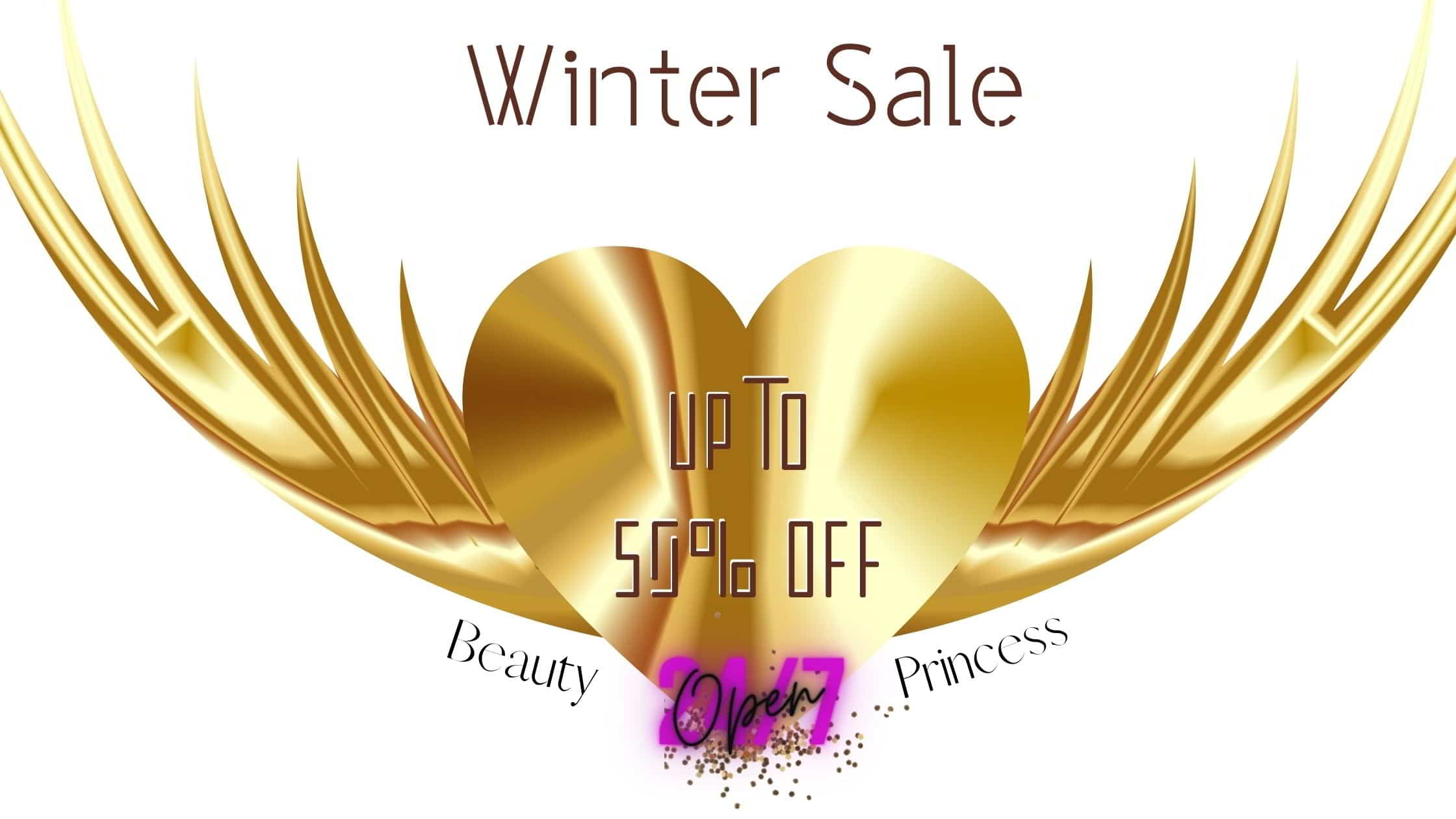 Winter discounts over 50%. Large golden heart in the center of the photo and in the center of the heart is written the discount rate of the cosmetics.